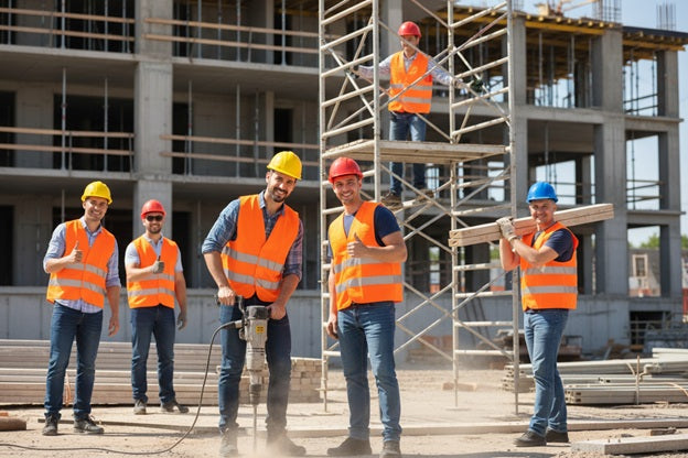 bouwvakkers met oranje vest aan het werk op de bouw