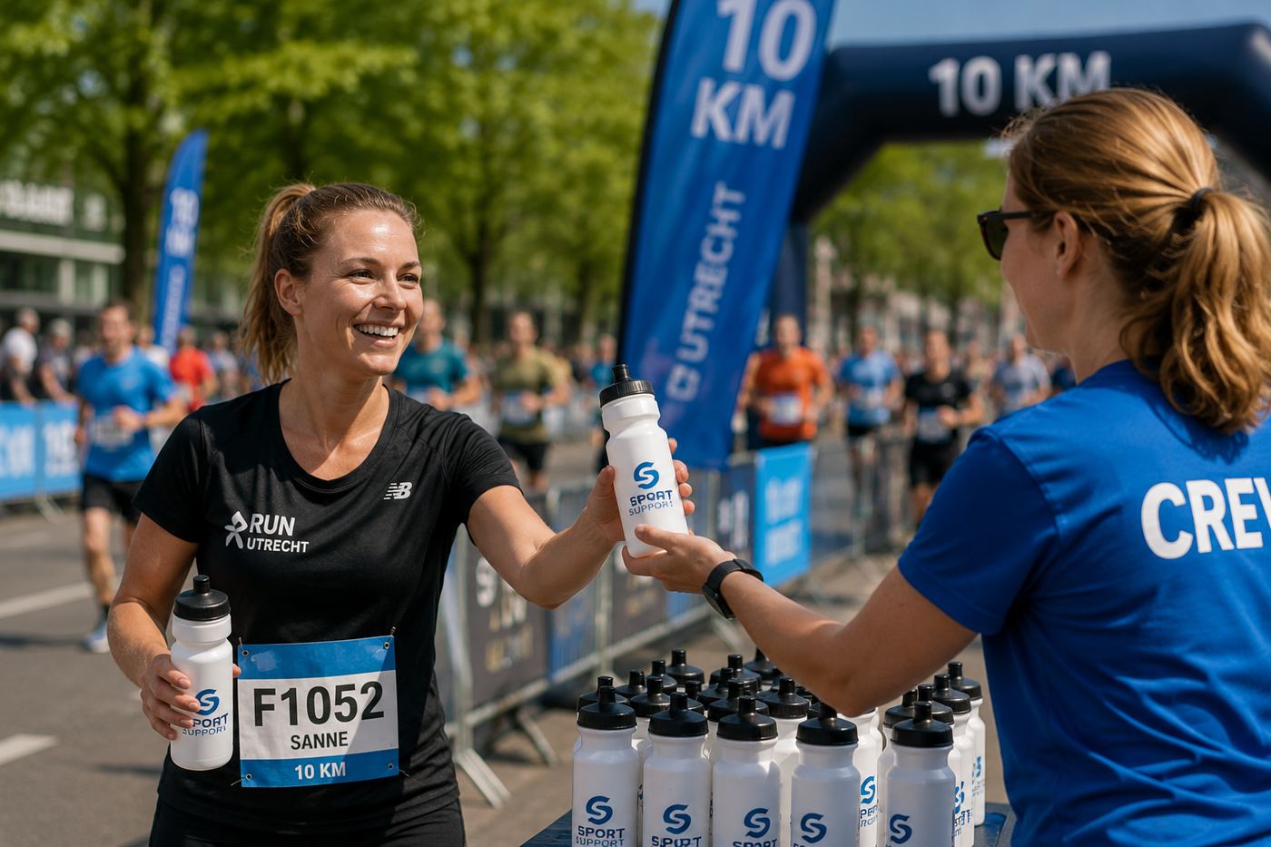 vrouw krijgt bidon tijdens hardlopen