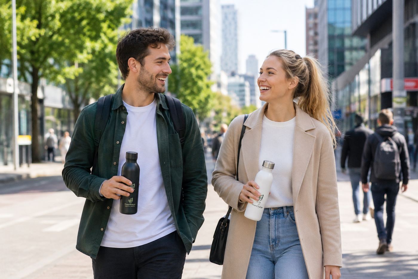 man en vrouw die lopend een drinkfles vasthouden