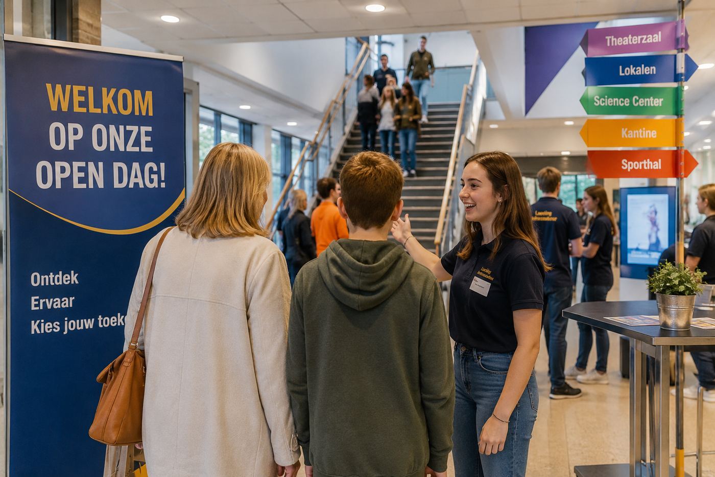 moeder en zoon bezoeken open dag school