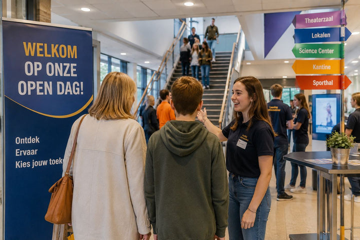 moeder en zoon bezoeken open dag school