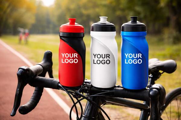 3 kleurige bidons op stuur van fiets