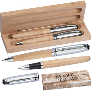 Mark Twain pennenset van hout bedrukken