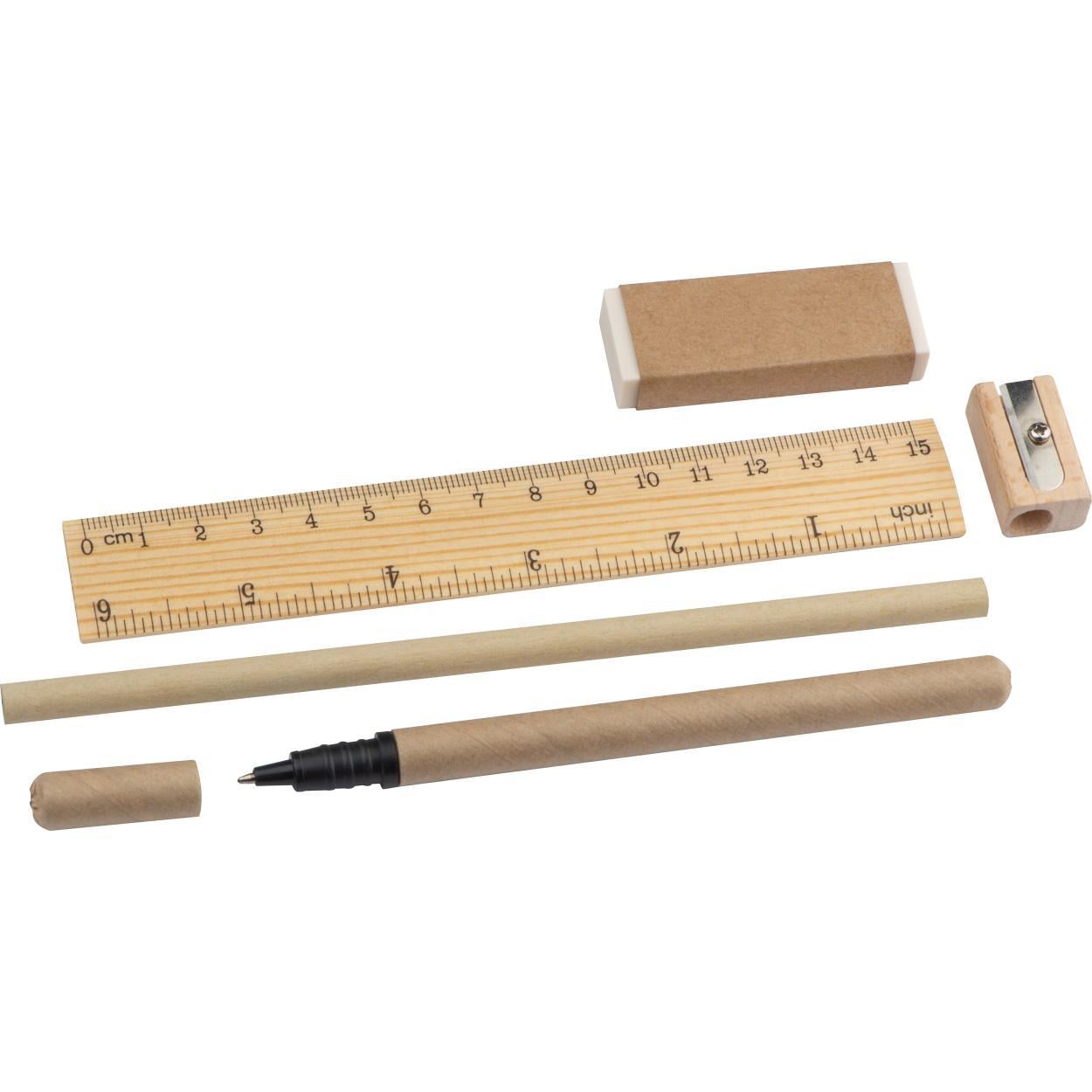 Schrijfset met lineaal, gummetje, puntenslijper, potlood en rollerbal sample