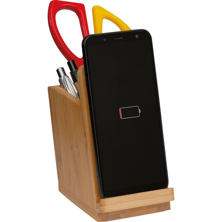 Pennenhouder van bamboe met wireless charger sample