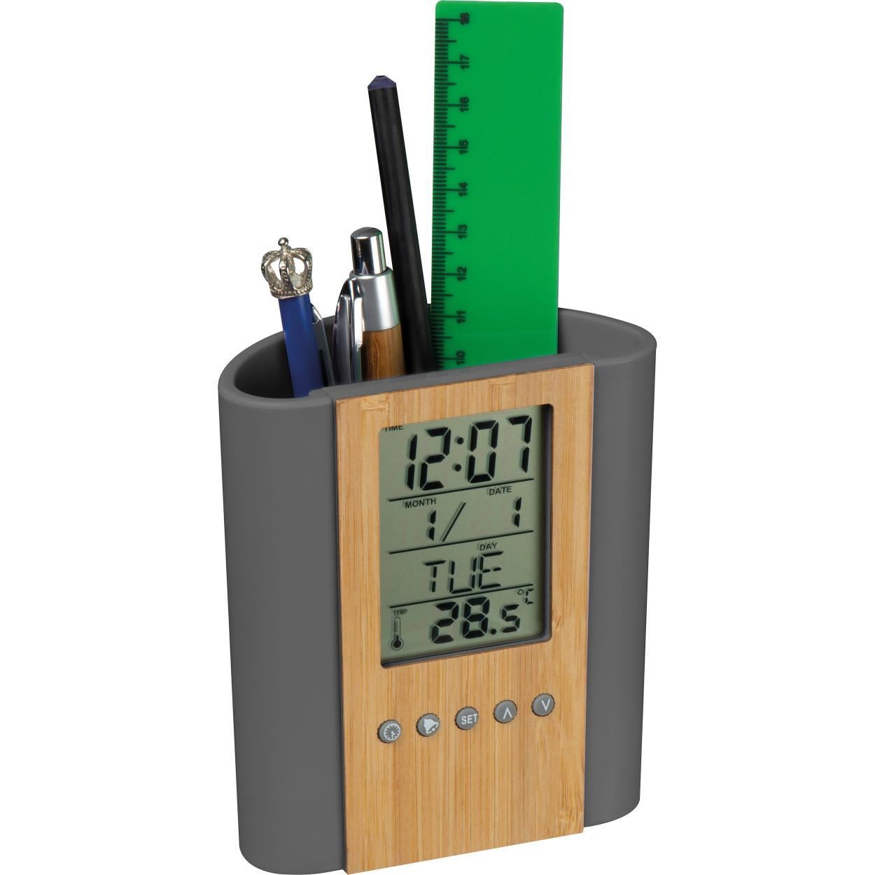 Pennenhouder met klok, thermometer van bamboe en ABS sample