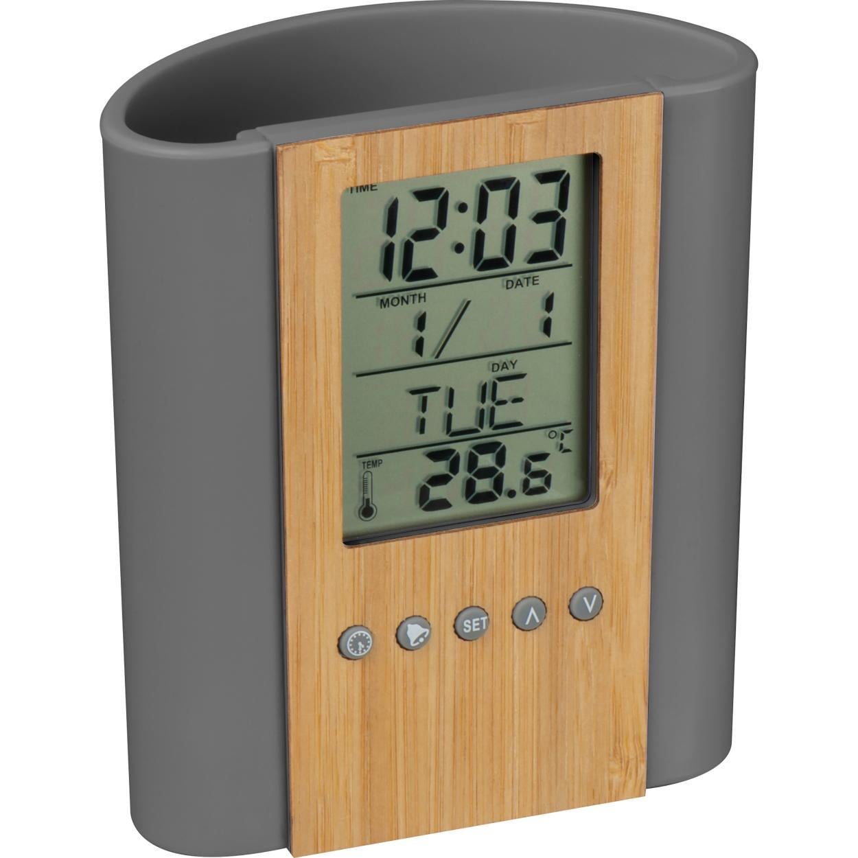 Pennenhouder met klok, thermometer van bamboe en ABS sample