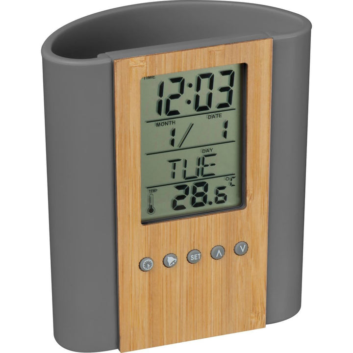 Pennenhouder met klok, thermometer van bamboe en ABS sample