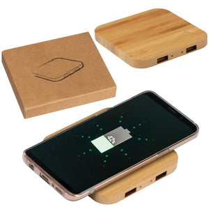 Wireless charger van bamboe met 2 USB-Hubs bedrukken