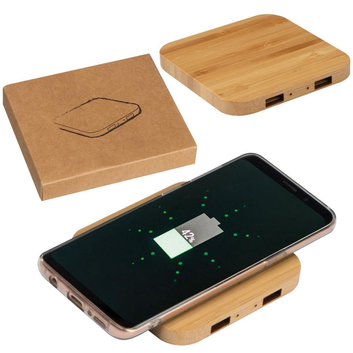 Wireless charger van bamboe met 2 USB-Hubs sample