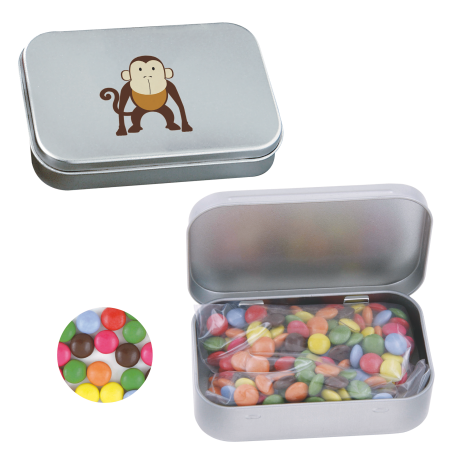 Scharnierblik met choco carletties bedrukken