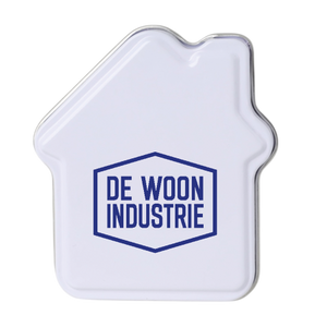 Blikje in huisvorm met mintjes bedrukken