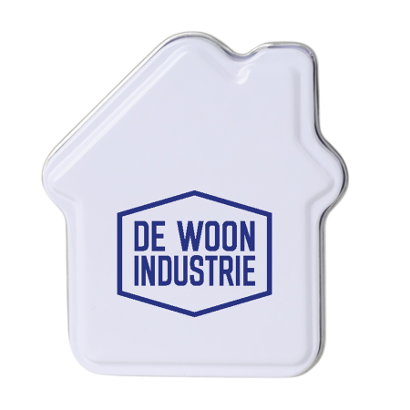 Blikje in huisvorm met mintjes bedrukken