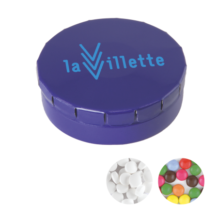 Rond click clack blik 45 mm met ca. 12 gr. mintjes TAMPONPRINT  sample