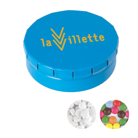 Rond click clack blik 45 mm met ca. 12 gr. mintjes TAMPONPRINT  sample