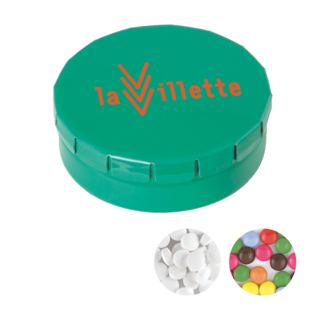 Rond click clack blik 45 mm met ca. 12 gr. mintjes TAMPONPRINT  sample