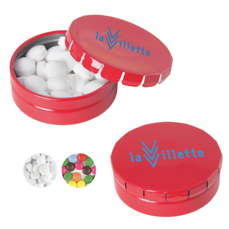 Rond click clack blik 45 mm met ca. 12 gr. mintjes TAMPONPRINT  sample