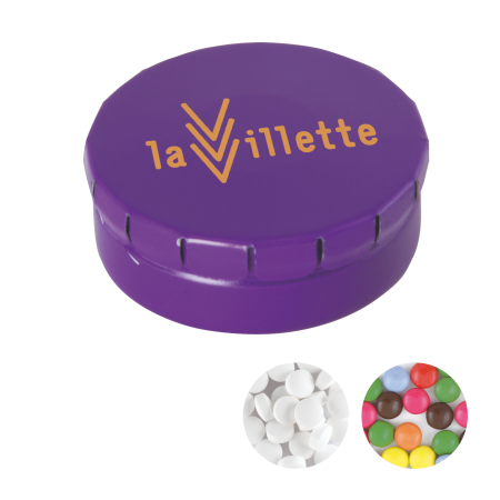 Rond click clack blik 45 mm met ca. 12 gr. mintjes TAMPONPRINT  sample