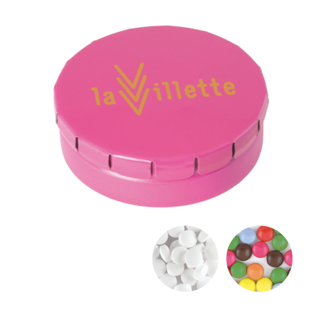 Rond click clack blik 45 mm met ca. 12 gr. mintjes TAMPONPRINT  sample