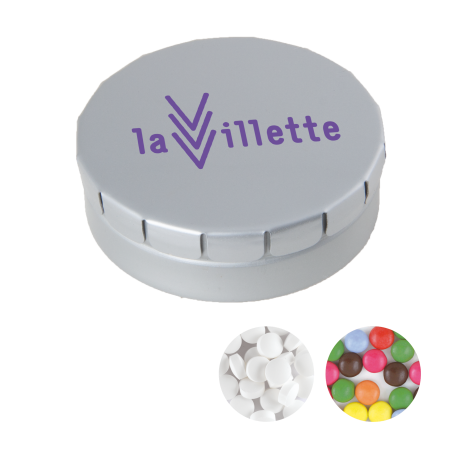 Rond click clack blik 45 mm met ca. 12 gr. mintjes TAMPONPRINT  sample