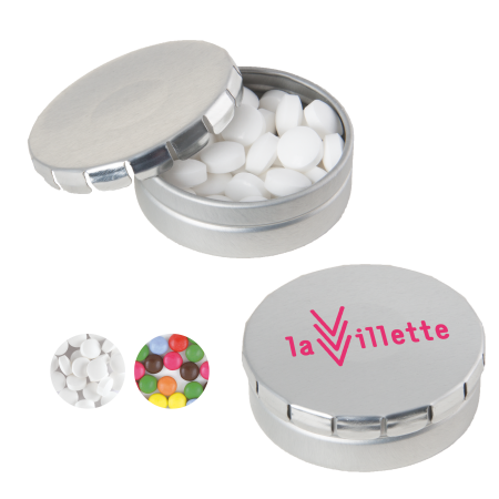 Rond click clack blik 45 mm met ca. 12 gr. mintjes TAMPONPRINT  sample