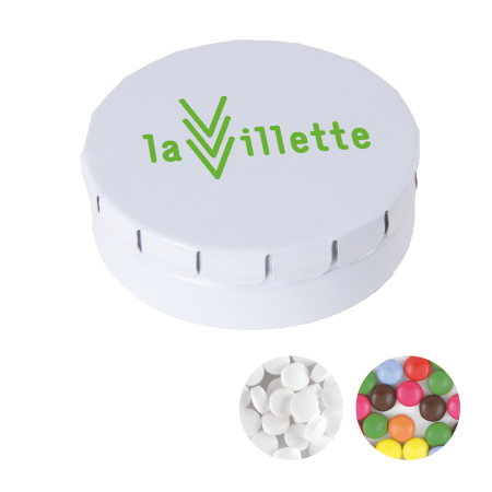 Rond click clack blik 45 mm met ca. 12 gr. mintjes TAMPONPRINT  sample