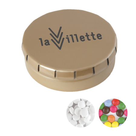 Rond click clack blik 45 mm met ca. 12 gr. mintjes TAMPONPRINT  sample