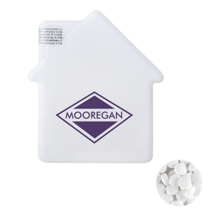 Huis mintdispenser met ca. 8 gr. mintjes en ingredienten label TAMPONDRUK sample