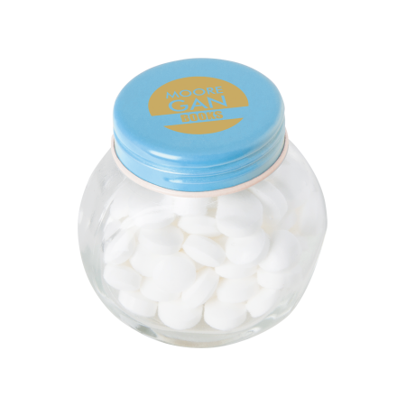 Kleine glazen pot gevuld met ca. 40 gr. mints gekleurd deksel sample