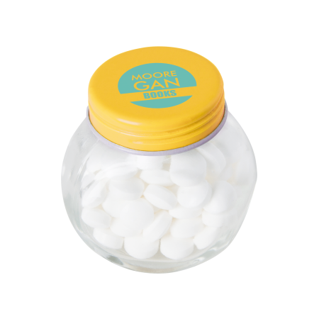 Kleine glazen pot gevuld met ca. 40 gr. mints gekleurd deksel sample