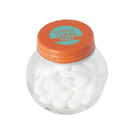 Kleine glazen pot gevuld met ca. 40 gr. mints gekleurd deksel sample