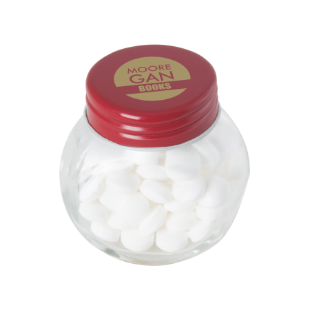 Kleine glazen pot gevuld met ca. 40 gr. mints gekleurd deksel sample