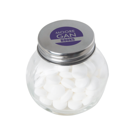 Kleine glazen pot gevuld met ca. 40 gr. mints gekleurd deksel sample