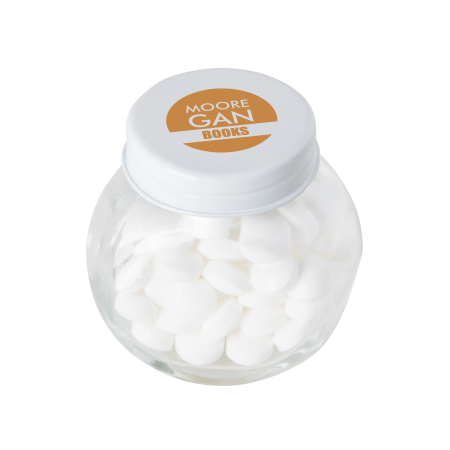Kleine glazen pot gevuld met ca. 40 gr. mints gekleurd deksel sample