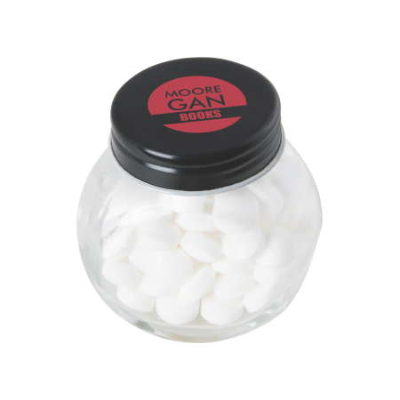 Kleine glazen pot gevuld met ca. 40 gr. mints gekleurd deksel sample