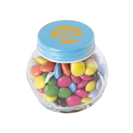 Kleine glazen pot gevuld met ca. 40 gr. choco carletties gekleurd deksel sample