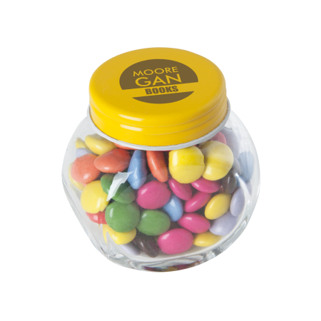 Kleine glazen pot gevuld met ca. 40 gr. choco carletties gekleurd deksel sample