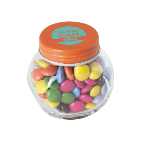 Kleine glazen pot gevuld met ca. 40 gr. choco carletties gekleurd deksel sample