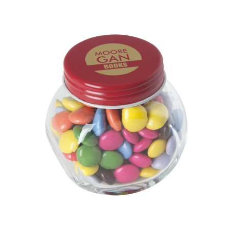 Kleine glazen pot gevuld met ca. 40 gr. choco carletties gekleurd deksel sample
