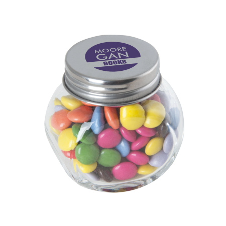 Kleine glazen pot gevuld met ca. 40 gr. choco carletties gekleurd deksel sample
