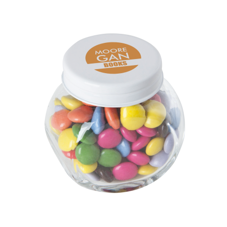 Kleine glazen pot gevuld met ca. 40 gr. choco carletties gekleurd deksel sample