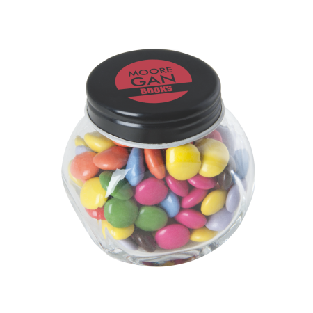 Kleine glazen pot gevuld met ca. 40 gr. choco carletties gekleurd deksel sample