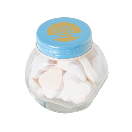 Kleine glazen pot gevuld met ca. 40 gr. hartjes gekleurd deksel sample