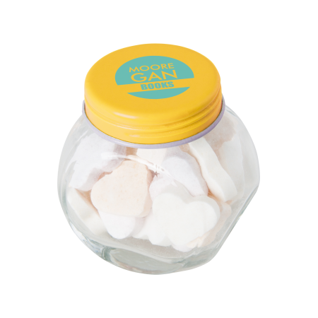 Kleine glazen pot gevuld met ca. 40 gr. hartjes gekleurd deksel sample