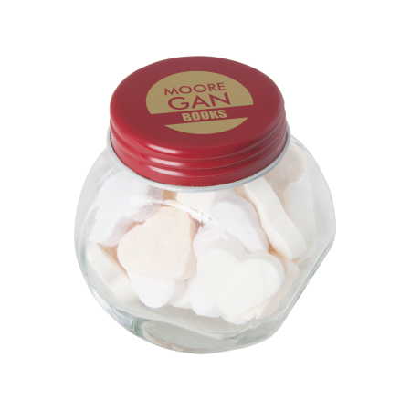 Kleine glazen pot gevuld met ca. 40 gr. hartjes gekleurd deksel sample