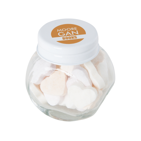Kleine glazen pot gevuld met ca. 40 gr. hartjes gekleurd deksel sample