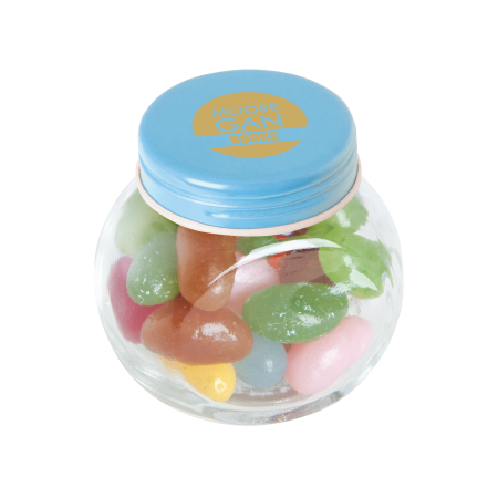 Kleine glazen pot gevuld met ca. 40 gr. jelly beans gekleurd deksel sample