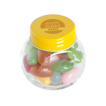 Kleine glazen pot gevuld met ca. 40 gr. jelly beans gekleurd deksel sample