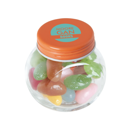 Kleine glazen pot gevuld met ca. 40 gr. jelly beans gekleurd deksel sample