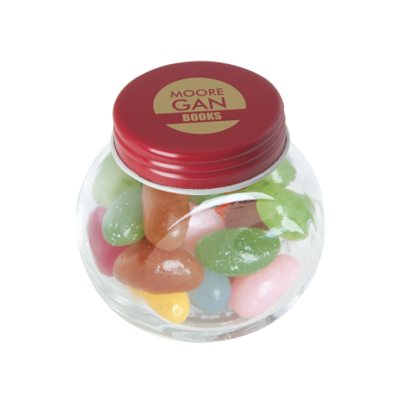 Kleine glazen pot gevuld met ca. 40 gr. jelly beans gekleurd deksel sample